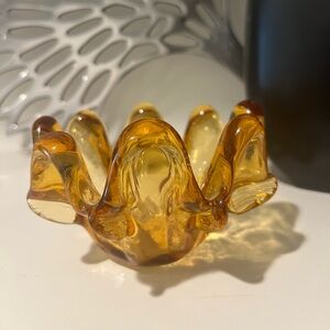 Vintage MCM Amber Yellow Art Glass 8 Finger Bowl Trinket Candy Nut Dish
